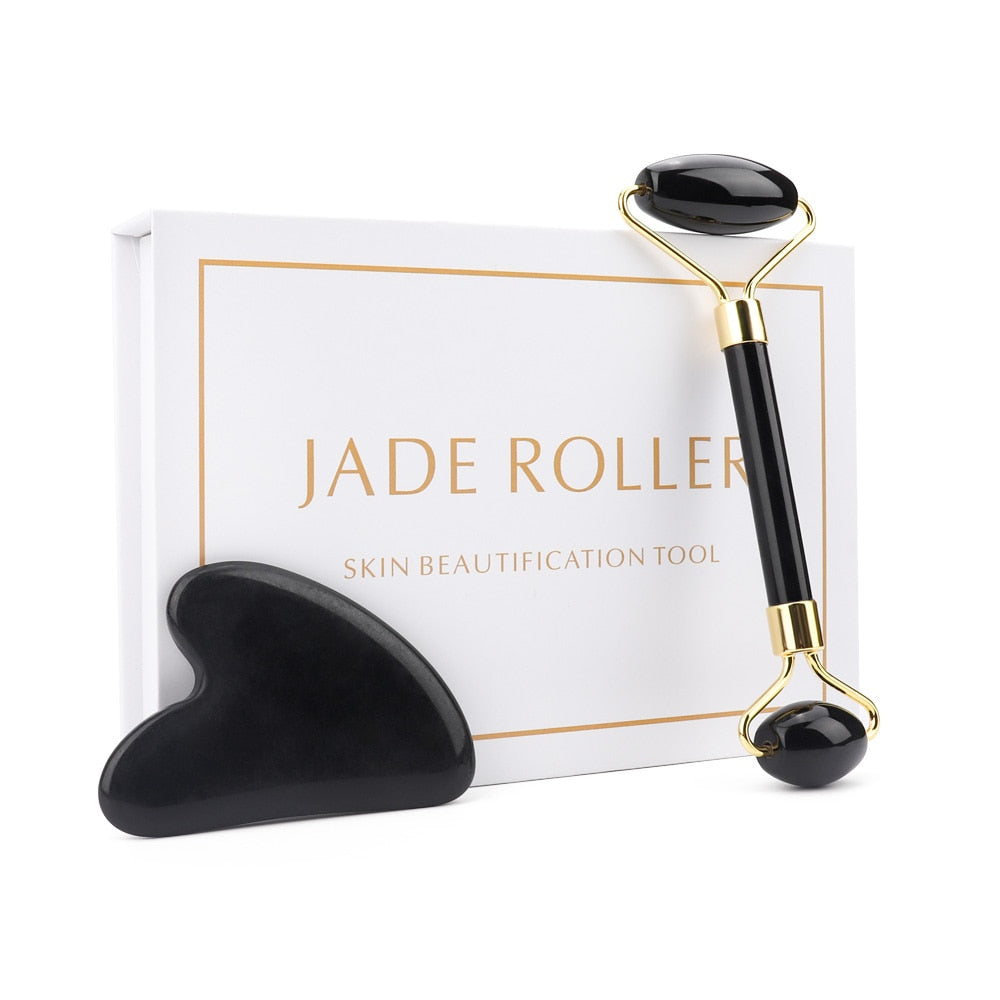 Jade Roller & Gua Sha Set , gua sha roller, jade roller and gua sha, face roller, jade roller, black