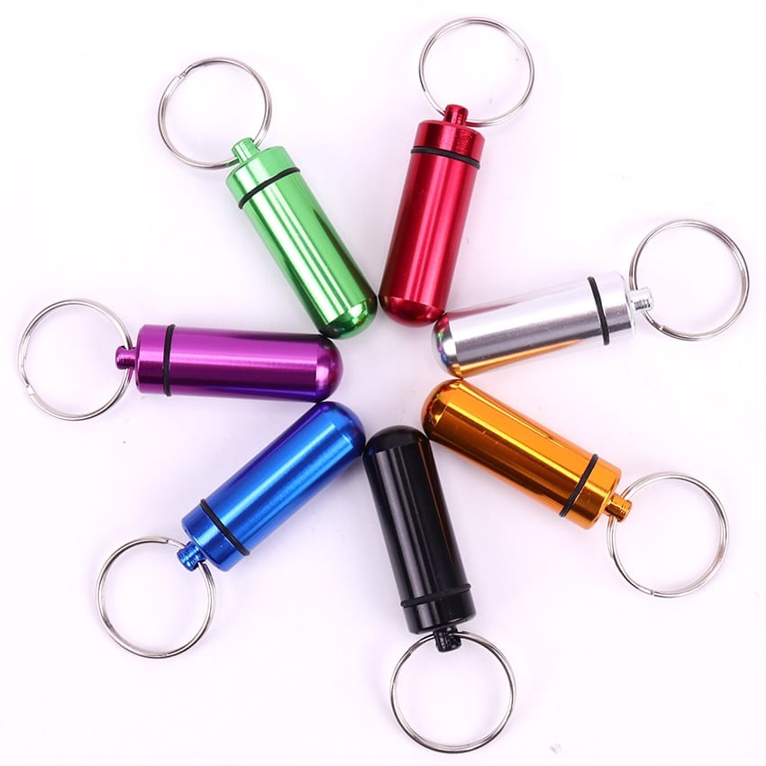 Keychain Pill Holder, green, red, purple, silver, blue, black, yellow, keys