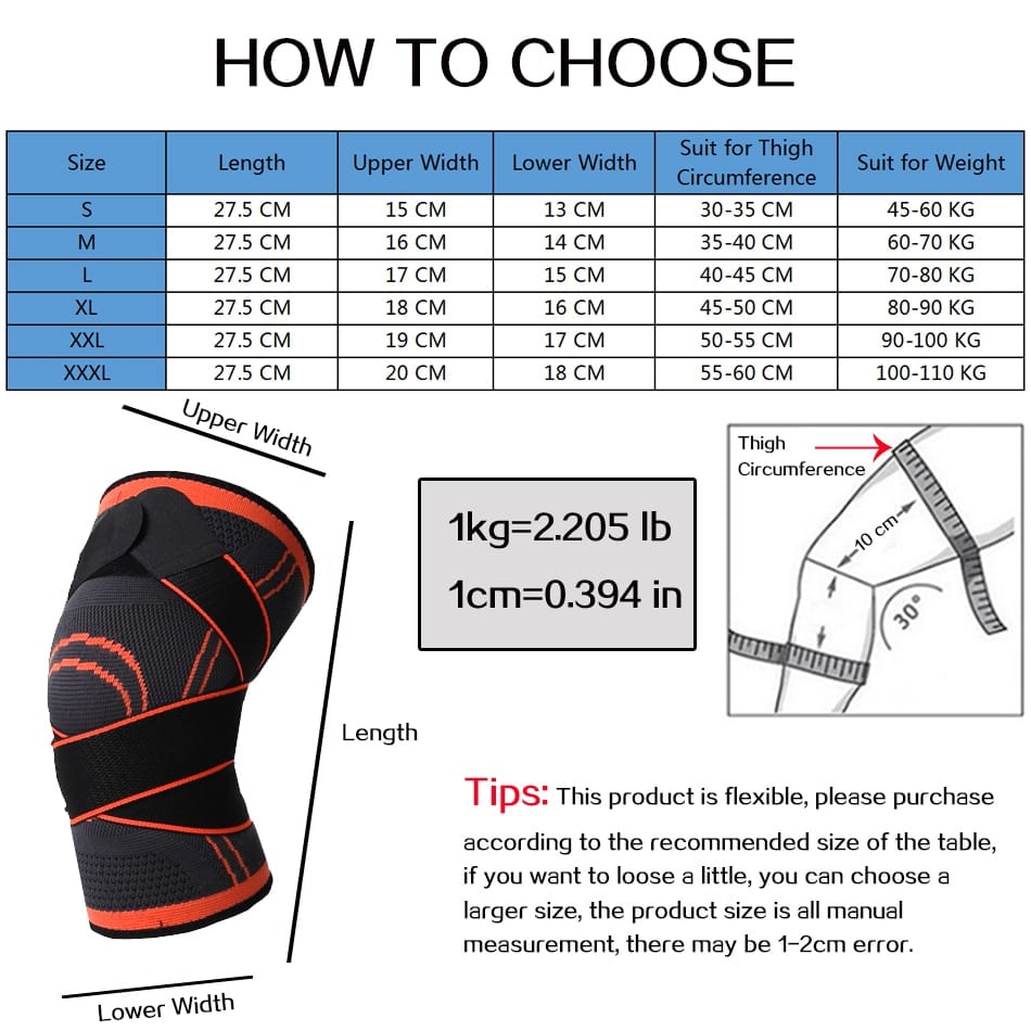 Knee Support Brace, knee support, knee brace, size chart, how to